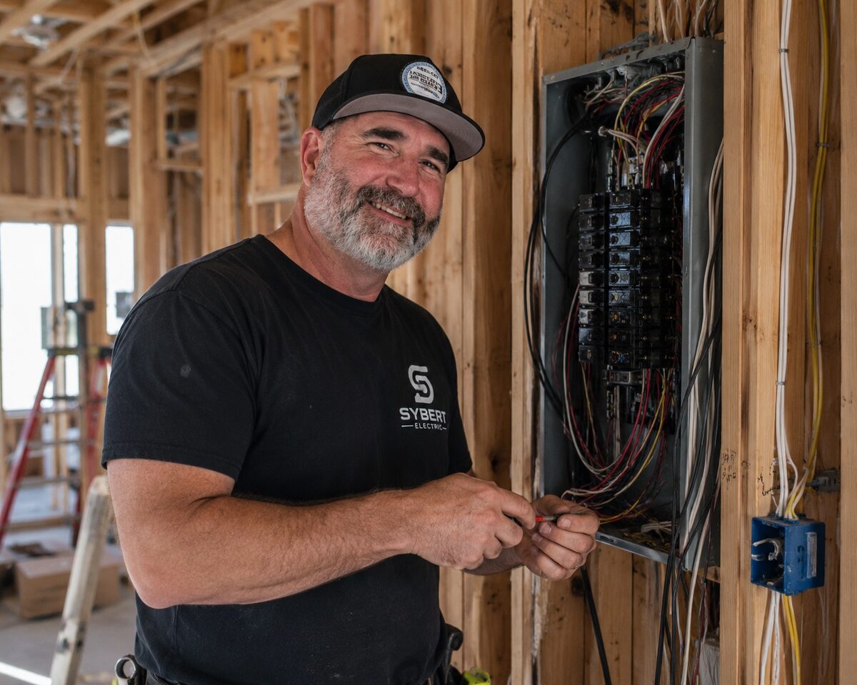 Trent Sybert, owner of Sybert Electric, working inside an electrical panel on a job site