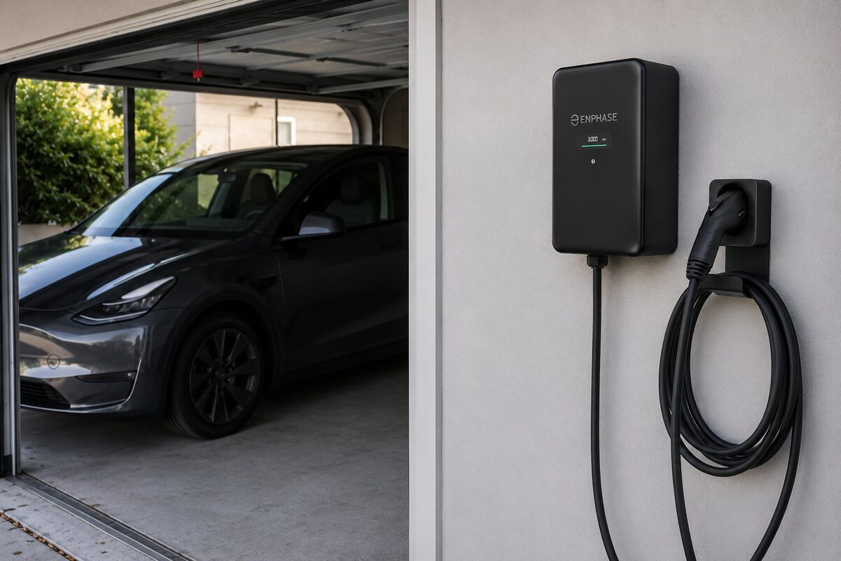 Level 2 EV charger installed on a garage wall next to an electric vehicle