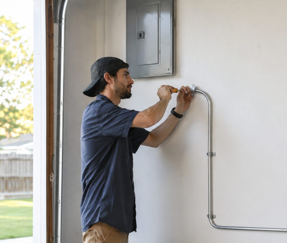 Electrician running and securing conduit from an electrical panel to an EV charger mounting location in a garage