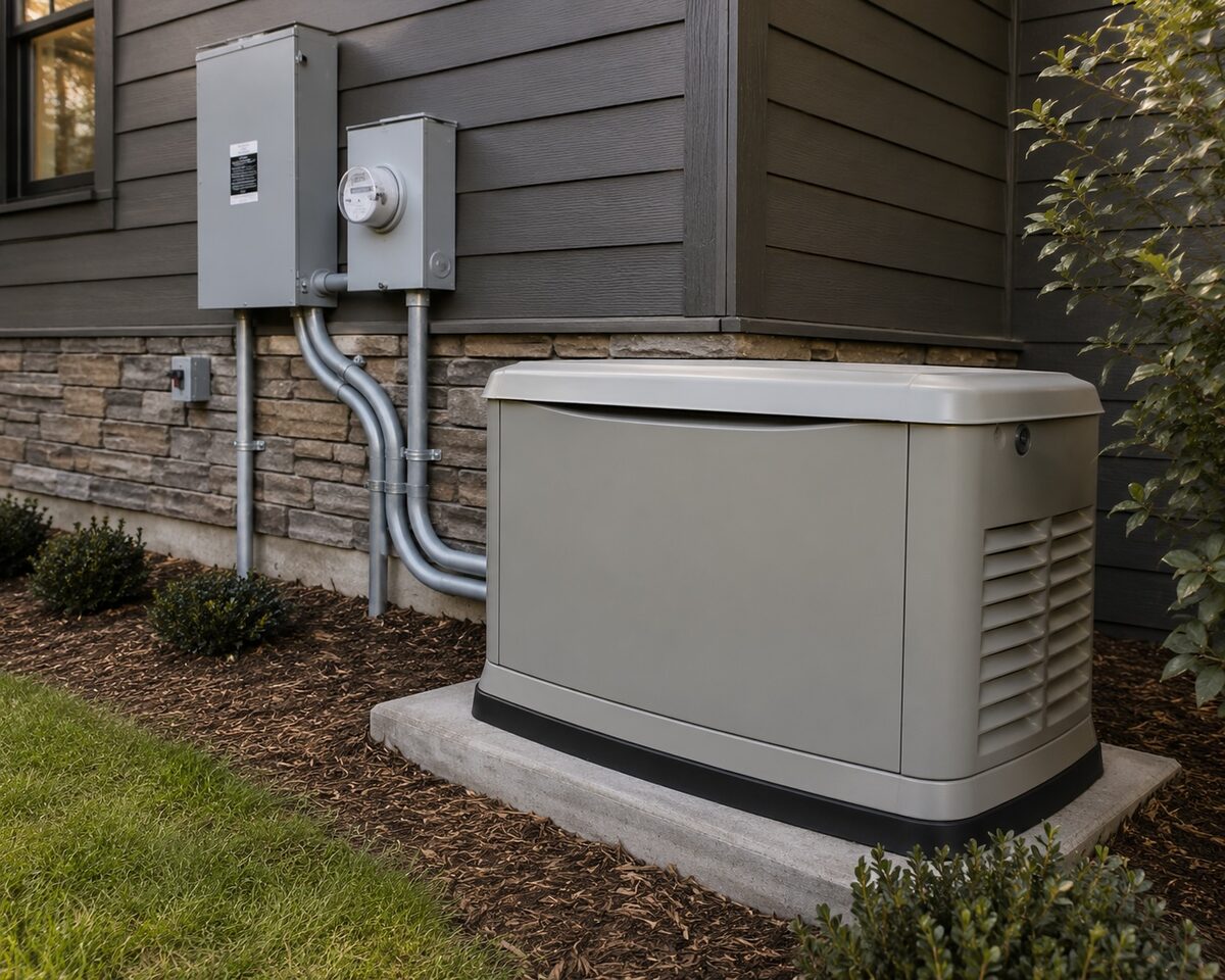 Standby home generator installed beside an electrical panel and meter