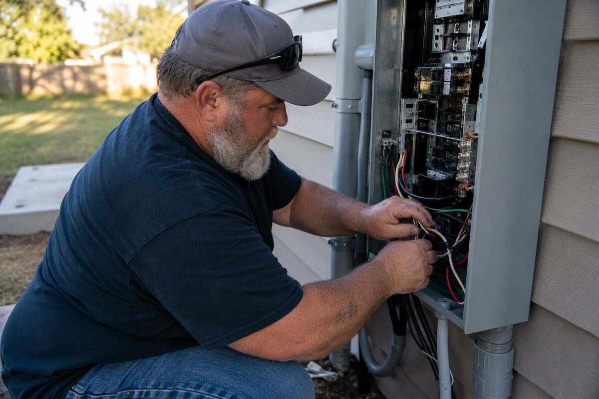 Electrician wiring a transfer switch on an outdoor electrical panel for a standby generator installation