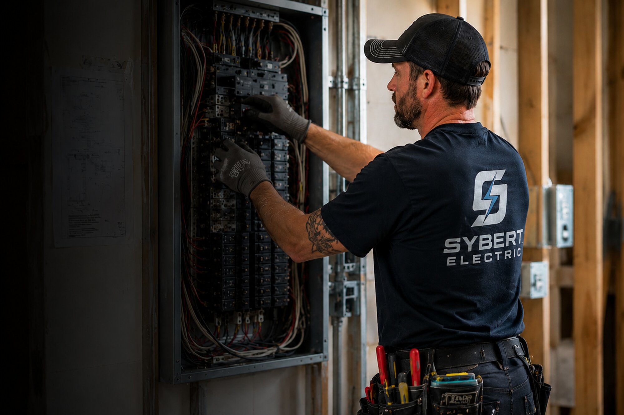Sybert Electric technician working inside an open residential electrical panel in Vista, CA