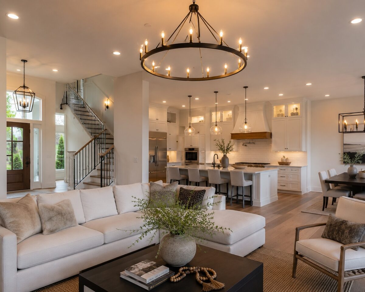 Modern living room and kitchen with recessed lighting and a custom chandelier installed by Sybert Electric