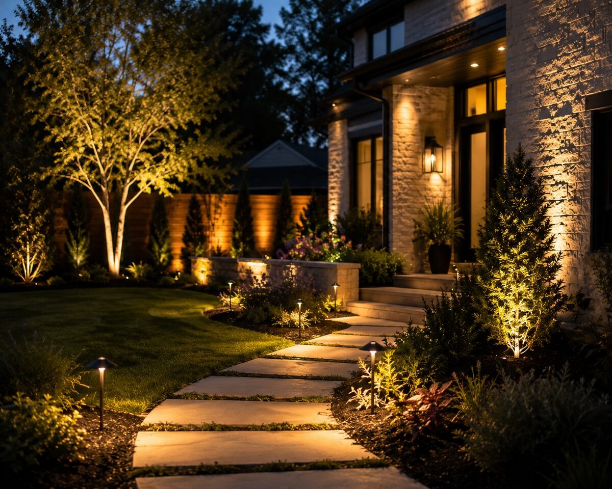 Landscape and pathway lighting installed along a front walkway and garden at night