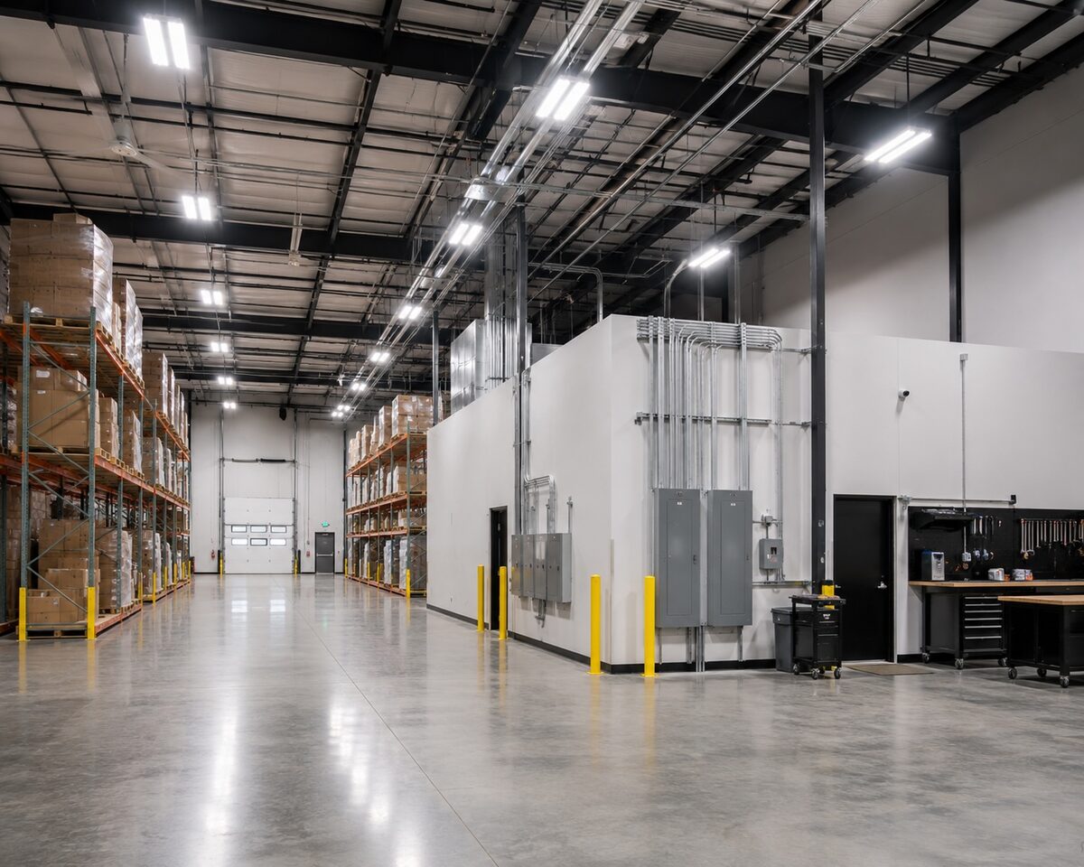 Warehouse electrical build-out with panels and conduit mounted on a new interior wall