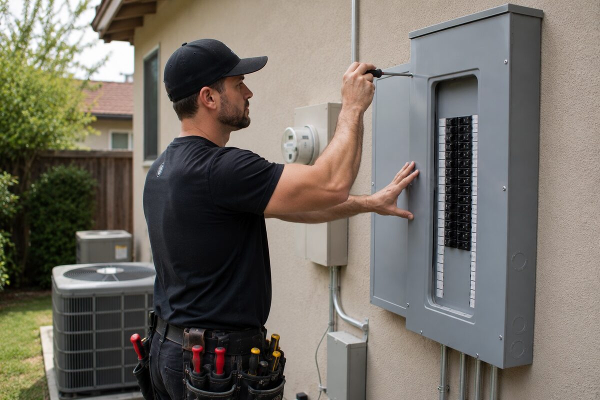 Electrician installing a new 200-amp electrical panel on the exterior wall of a home
