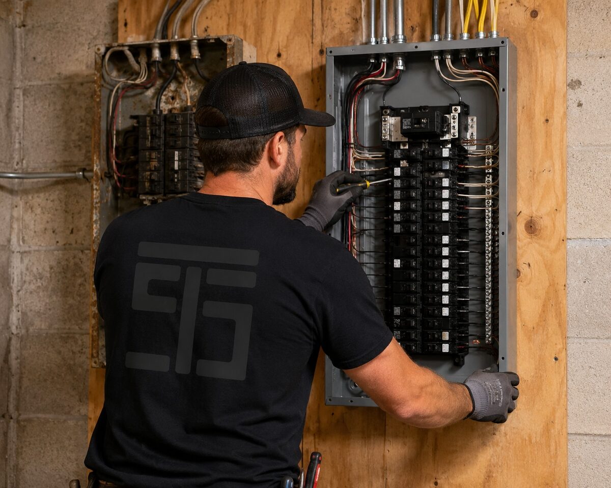 Electrician wiring a newly installed electrical panel during a panel upgrade