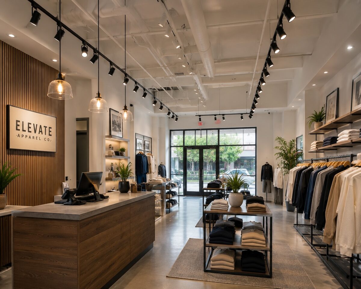 Finished retail apparel store interior with track lighting installed by Sybert Electric