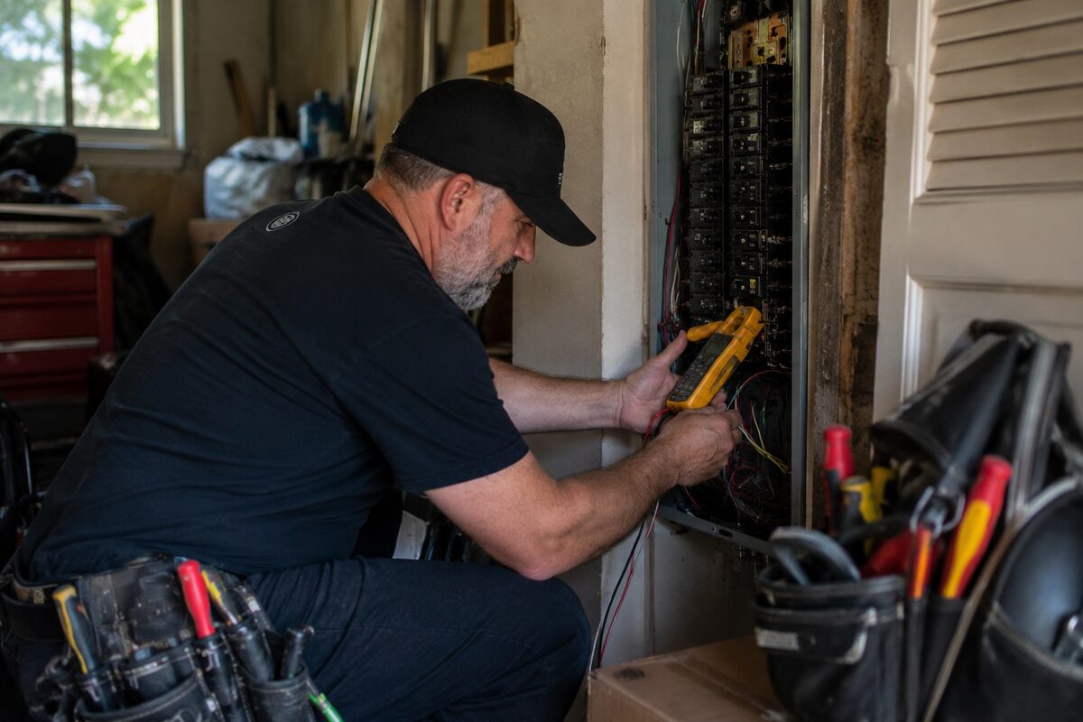 Electrician using a multimeter to troubleshoot a residential electrical panel