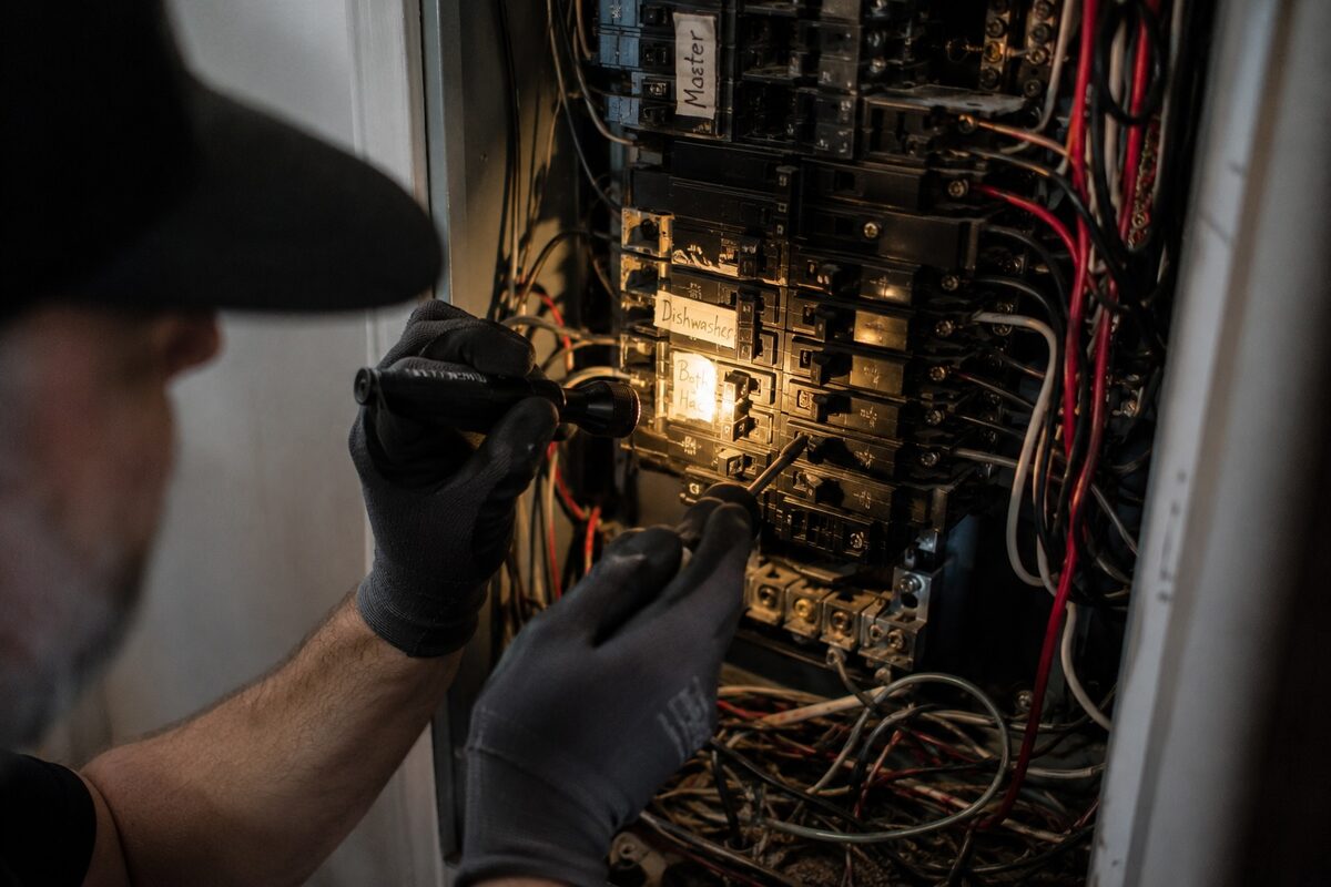 Close-up of an electrician inspecting labeled breakers inside an electrical panel with a flashlight